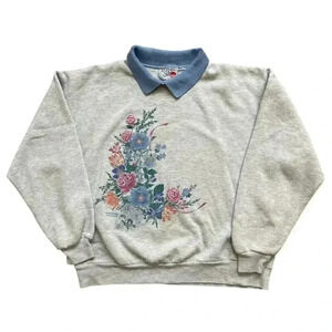 Vintage Morning Sun Grandma Collared Sweatshirt Granny Floral Made in USA L